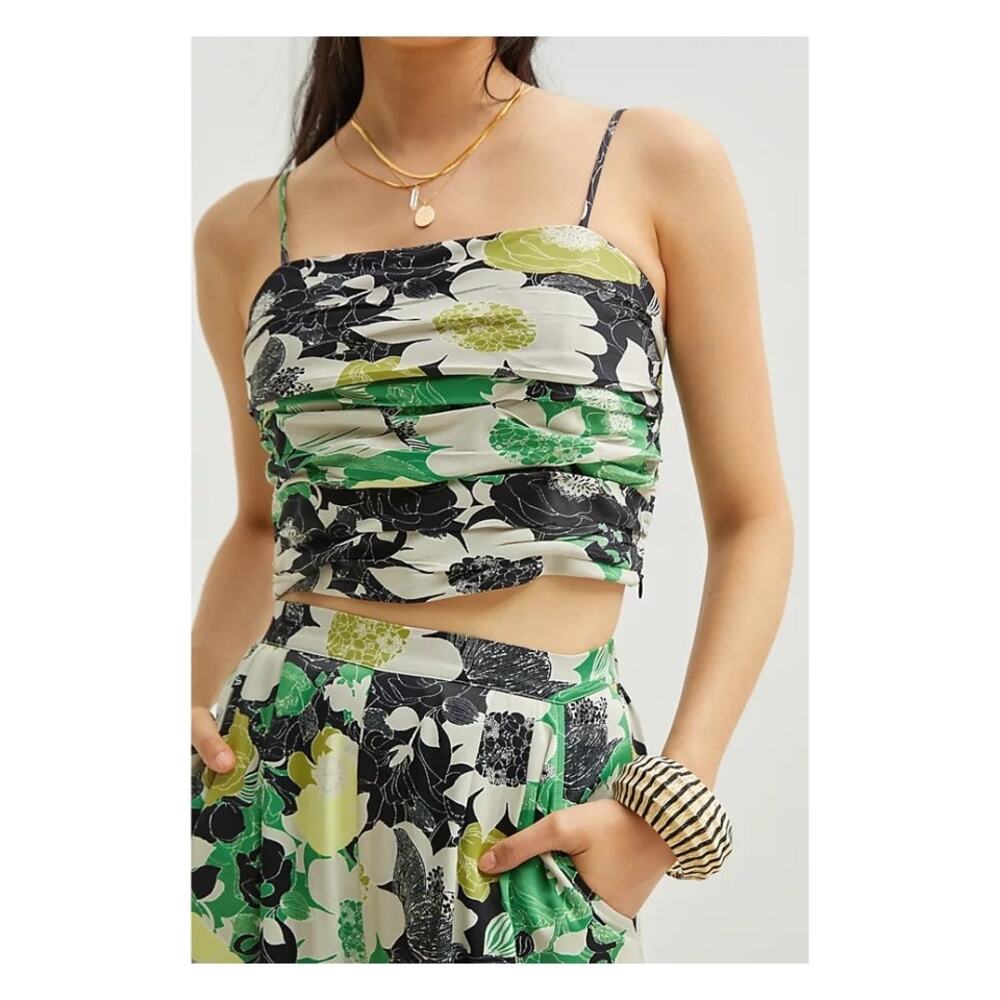 Anthropologie Floral Print Cropped Ruched Sleeveless Blouse Green Black 00
